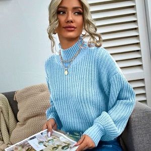 SHEIN Baby Blue Solid Bishop Sleeve Sweater